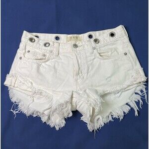 We The Free Shorts Womens 25 Denim Button Fly Distressed Raw Hem Grommet Waist